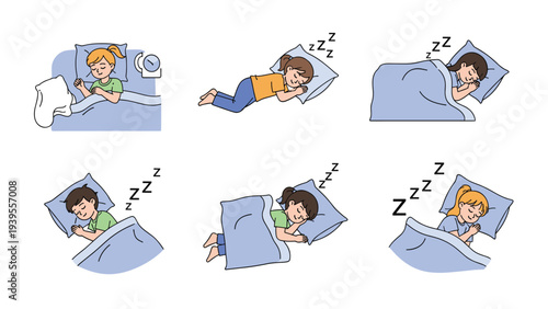 Series of illustrations showing various comfortable sleeping positions of young children tucked under blankets with pillows in their beds.