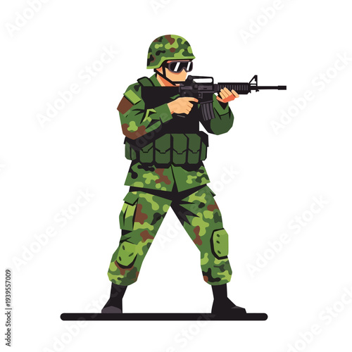 Soldier in camouflage uniform aiming an assault rifle, military combat, tactical gear, action pose