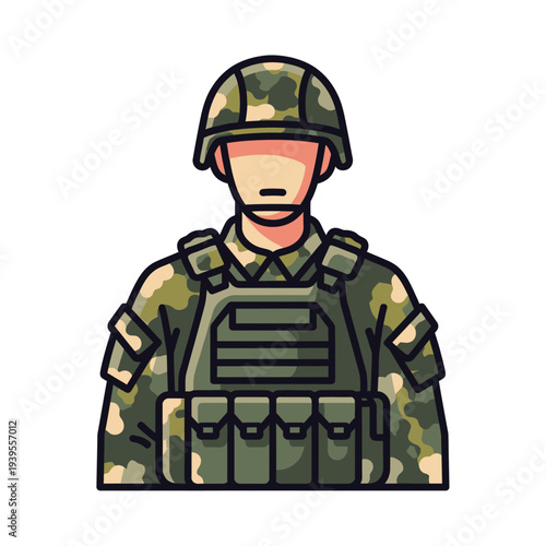 Soldier in Camouflage Uniform and Tactical Vest, Military Service Concept