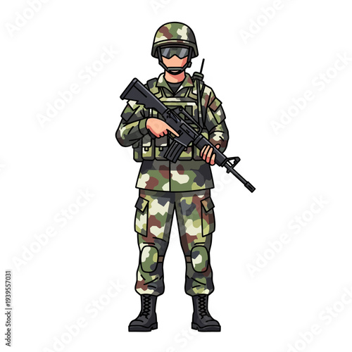 Soldier in camouflage uniform holding a rifle, ready for action