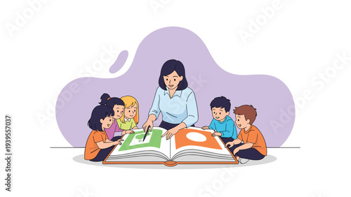 Kind teacher sits on the floor reading a large colorful picture book to a group of attentive young children in a bright learning environment.