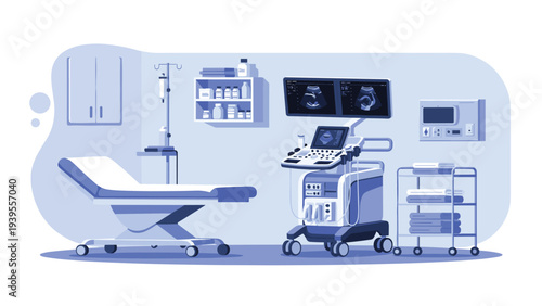 Modern and clean hospital ultrasound room featuring advanced medical equipment, a patient bed, and monitors displaying diagnostic images.