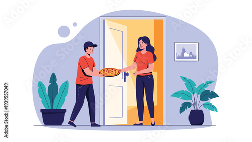 Friendly delivery worker in a cap hands a fresh pizza box to a smiling woman standing at the doorway of her home during a food delivery.