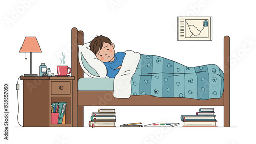 Poor young boy feels unwell and lies in his bed with a sad expression while a hot drink and medicine bottles sit on a bedside table nearby.