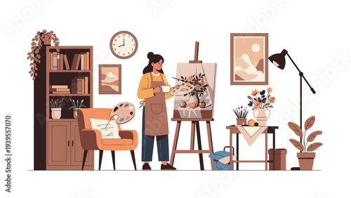 Creative female artist works in her cozy home studio painting a beautiful floral still life on a canvas surrounded by various art supplies.