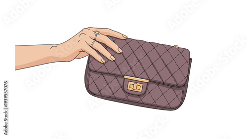 Close-up of a womans hand wearing an elegant ring while holding a stylish quilted brown leather handbag with a gold clasp on a white background.