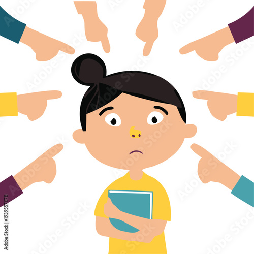 Concerned cartoon character surrounded by pointing hands