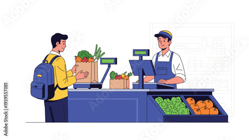 Young man at a supermarket checkout counter pays for his bag of fresh vegetables while a friendly cashier scans items at the register.