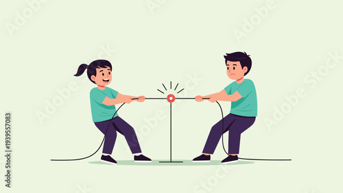 Energetic boy and girl compete in a friendly game of tug of war pulling on a rope in opposite directions during an outdoor playground activity.