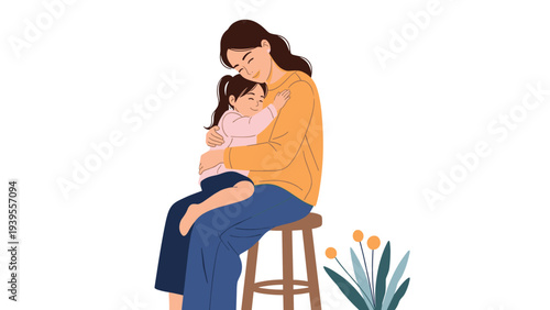 Loving mother sits on a stool and gives her young daughter a warm and affectionate hug in a tender moment of family connection and care.