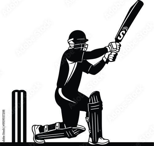 Cricket batsman silhouette playing shot, black and white vector illustration of sports player with bat isolated on white