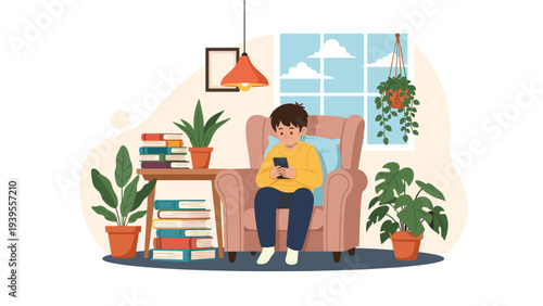 Teenager sitting comfortably in a large armchair looking at his smartphone in a cozy living room filled with plants.