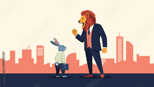 Aggressive lion boss wearing a formal business suit shouting at a small rabbit employee in a city background setting.