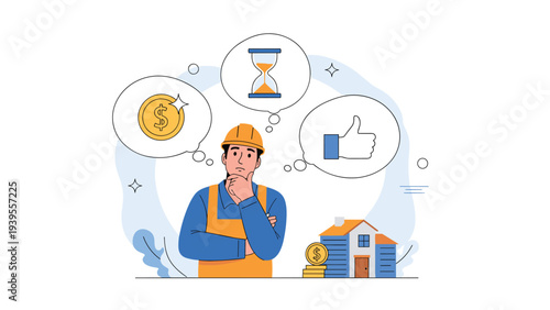 Construction worker wearing a hard hat thinking about project success, time management, and financial rewards at work.