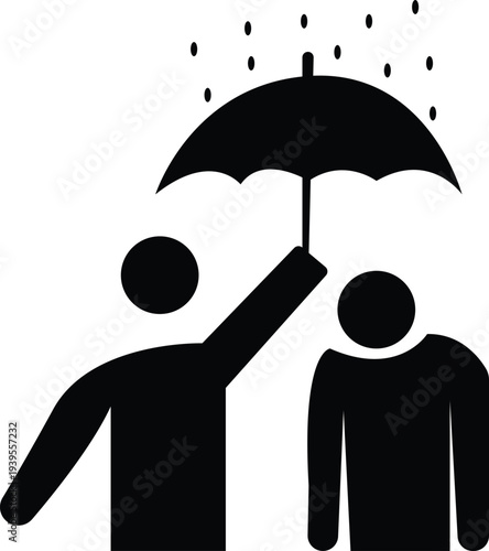 People Sharing Umbrella in Rain – Protection, Help and Support Concept Icon