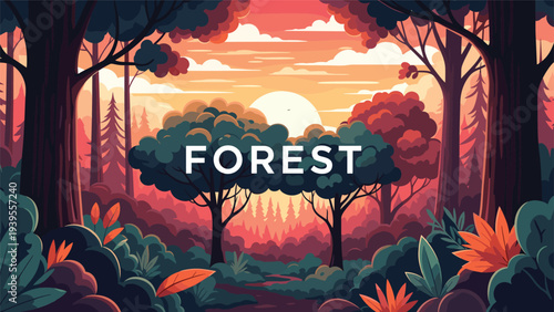 Peaceful sunset over a dense forest with tall trees and vibrant orange sky featuring the word forest in bold letters.