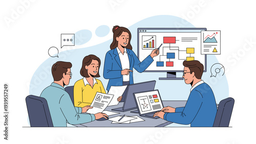 Group of colleagues discussing project strategy and data visualizations displayed on a large computer monitor in an office.