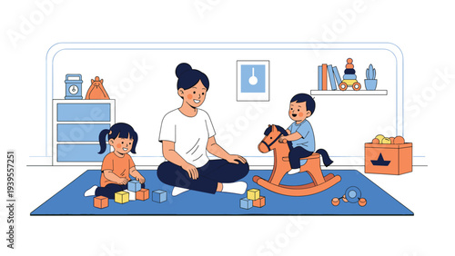 Mother playing with her young son and daughter on a large blue rug in a bright playroom filled with various toys.