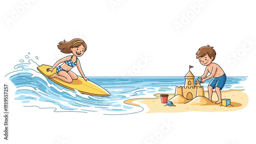 Children enjoying summer activities at the beach with a girl surfing a wave and a boy building a large sandcastle.