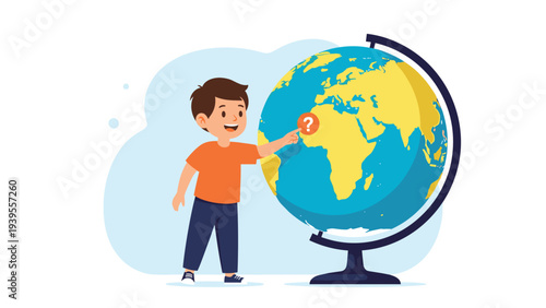 Curious young boy pointing at a specific location on a large globe to learn about geography and world travel.