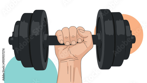 Strong human hand firmly gripping a heavy black dumbbell against a background with colorful geometric circle shapes.