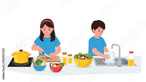 Two young children helping with household chores by preparing vegetables and washing dishes in a clean modern kitchen.
