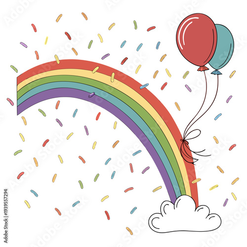 Two balloons floating from a rainbow with falling sprinkles, representing joy and festive celebration