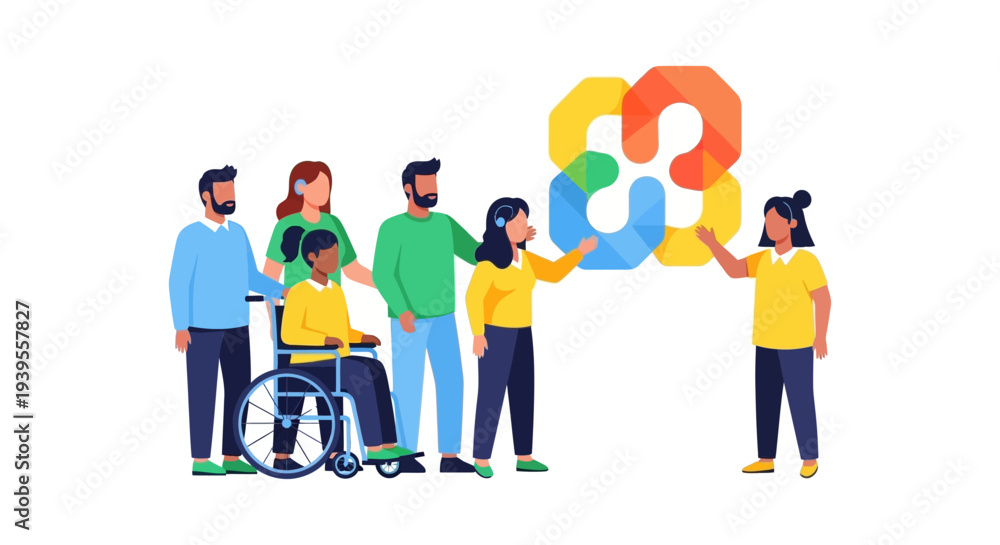 Fototapeta premium Diverse Inclusive Group with Disabilities Connecting via Abstract Symbol for Community & Accessibility