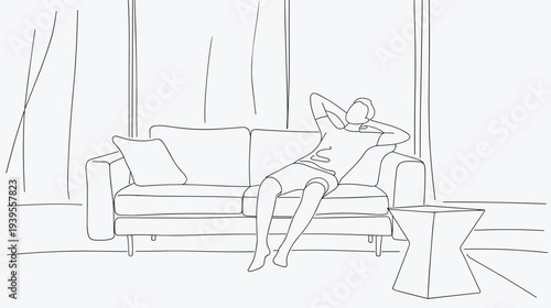 Minimalist continuous line drawing of a young man relaxing on a sofa in a modern living room interior, peaceful home leisure