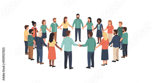 Diverse Group of People Holding Hands in a Circle: Unity, Teamwork, and Community Connection Illustration