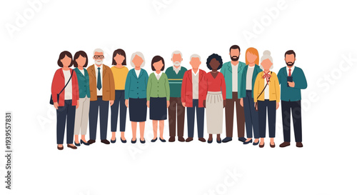 Diverse People Group Standing - Multigenerational, Multicultural Community, Team, Society Flat Illustration