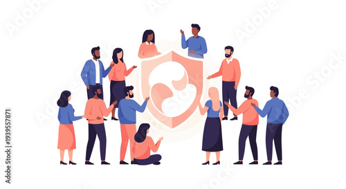 Diverse Team Protecting & Supporting Shared Values with a Security Shield Icon