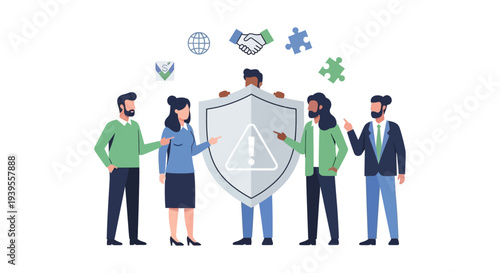 Business Team Collaboration: Risk Protection and Crisis Management with Shield and Warning Sign. Security, Compliance, and Data Safety Concept