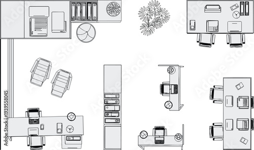 Office, layout, floor, plan, workspace, desk, chair, computer, laptop, folder, document, plant, decor, vector, illustration, interior, design, modern, organization, top-down, furniture
