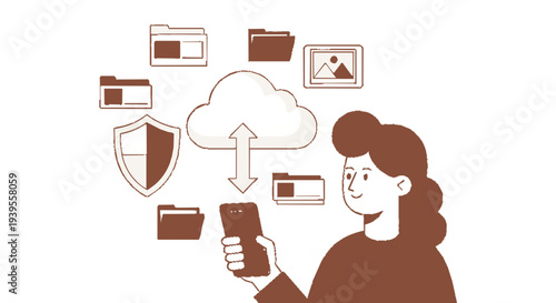 Woman holding smartphone with cloud storage icons and security shield surrounding her illustrating data protection and mobile cloud