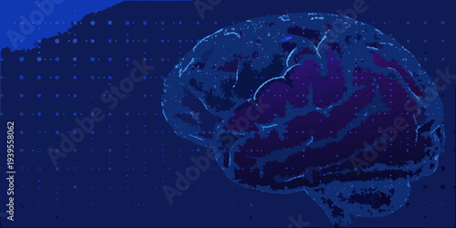 Digital brain illustration against a dark blue dotted background