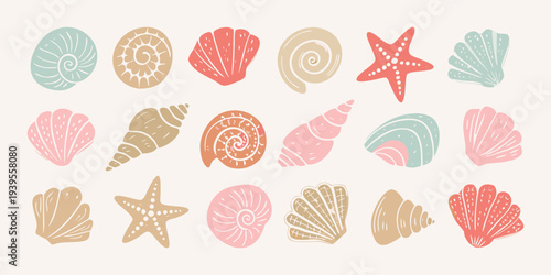 Collection of illustrated seashells and starfish in pastel colors