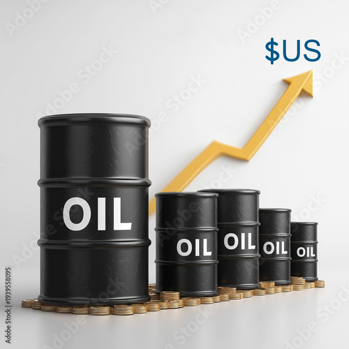 Oil barrels arranged in rising steps with a growing yellow arrow symbolizing increasing market prices ($US). White background.