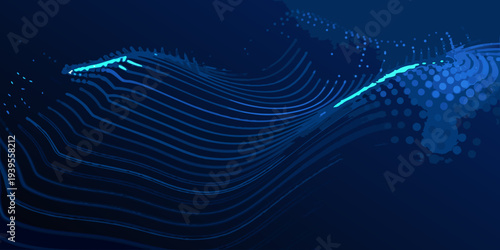 Abstract blue whale illustration with flowing lines and dotted patterns