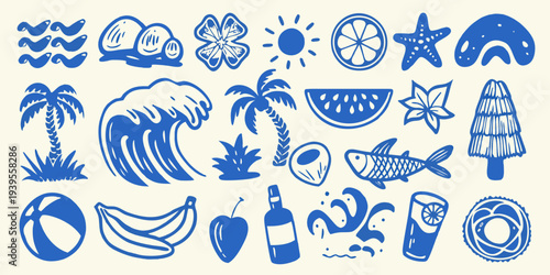 Blue summer themed illustrations featuring tropical fruits waves and plants
