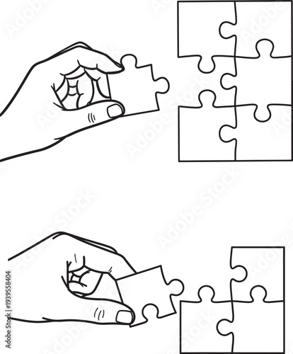Hands placing puzzle pieces into a jigsaw puzzle