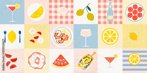 Colorful summer still life featuring fruit drinks and picnic elements