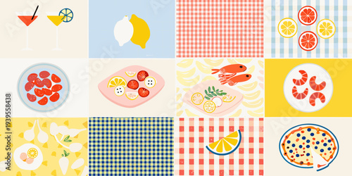 Colorful collage of fresh fruit drinks and patterned backgrounds