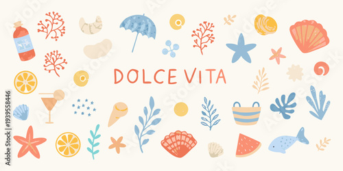 A colorful collection of summer themed illustrations and the text dolce vita