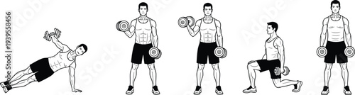 Man dumbbell workout exercises set, black and white vector illustration of bodybuilder training strength fitness isolated on white background