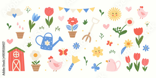 Wallpaper Mural Colorful spring illustration featuring flowers birds and garden tools Torontodigital.ca