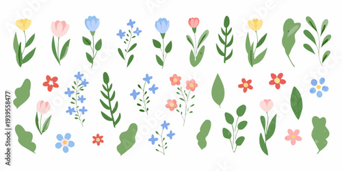 Collection of stylized floral illustrations with various spring blooms