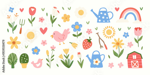 Charming spring and garden themed illustrations with cheerful colors