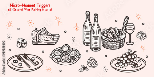 A hand drawn illustration depicting wine pairings with cheese bread and fruit