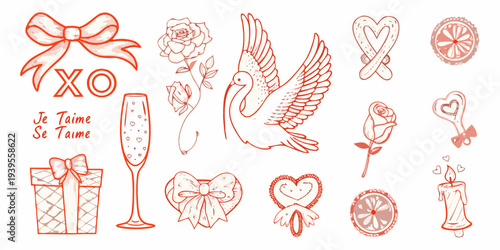 Collection of hand drawn romantic symbols hearts ribbons and love notes